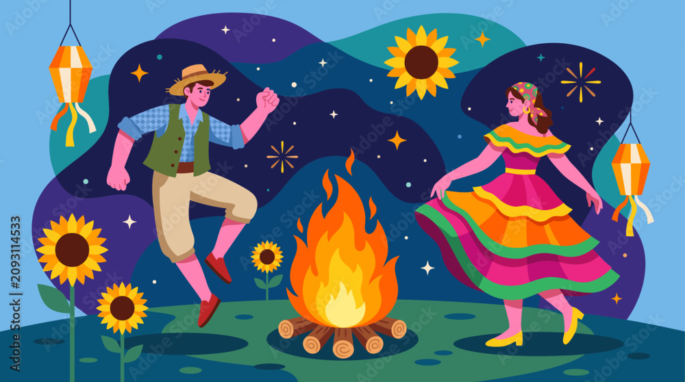 Naklejka premium A man and woman in traditional dress dance joyfully around a bonfire under a starry night sky at a festival.