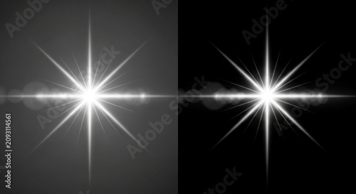 Bright glowing star burst effect with lens flare on black and grey backgrounds.