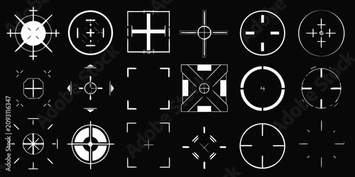 target reticle icons in futuristic vector style on black background icon crosshair aiming sight interface element graphic symbol design pattern