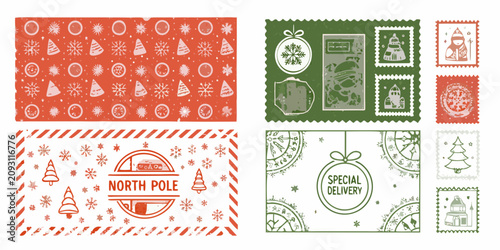 Cuadro en lienzo vintage style christmas postage stamps and postcard with festive patterns north