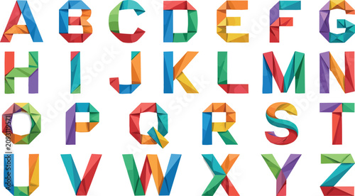 Creative paper folding style english typography collection containing vibrant multi colored lowpoly 3d characters for graphic design layouts