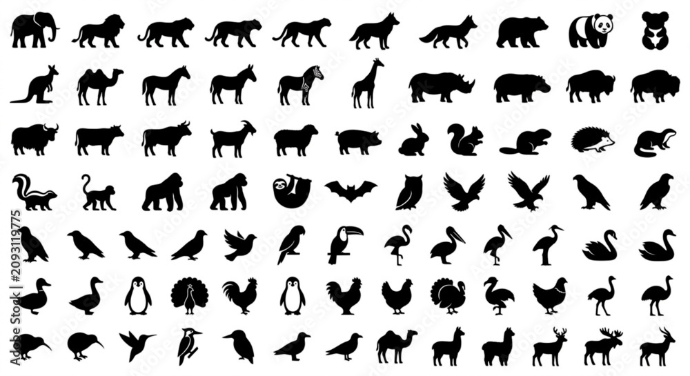 Obraz premium Animal Silhouette Vector Icons Pack – Wildlife, Birds and Farm Animals