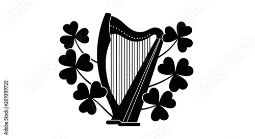 Black harp with black graphic harp surrounded shamrocks white background instrument culture clover symbol string music irish plant icon with leaf