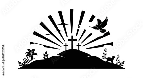 Foto Silhouette of three crosses on a hill with rays of light a dove a sheep with bla