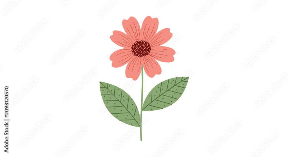 Obraz premium Delicate pink flower with green leaves and dots pattern isolated on plain white background.