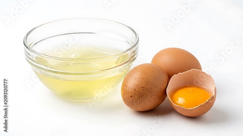 Fresh raw chicken eggs with a cracked shell revealing a vibrant yolk and separated egg white in a clear bowl, ready for culinary use