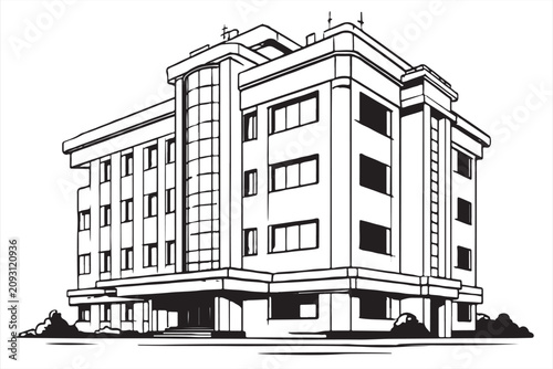 Cuadro en lienzo flat vector illustration of an office building, simple line art drawing, thick lines and outline, simple design, white background