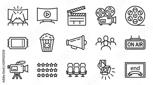 Bild auf Leinwand Industrial Style Black and White Line Icons Set Featuring Movie Cinema and Broad
