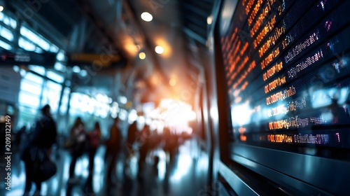 Airport departure board with blurred travelers and delayed flights, perfect for travel news, business presentation