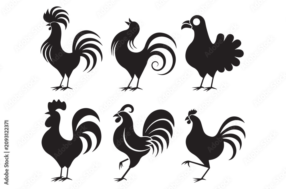Fototapeta premium Rooster Silhouettes On White Background Decorative Vector Illustration