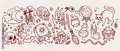 Quadro su tela Occult witch magic doodle background, witchcraft gothic line art pattern, magic