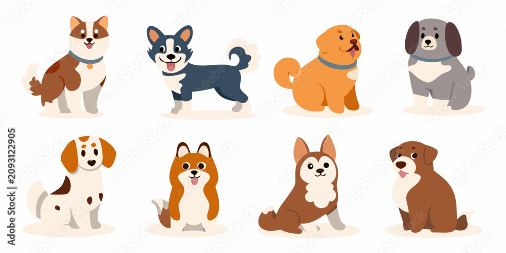 Fototapeta premium various dogs in cute flat vector style on white background puppies canines pets animals illustration set design graphic art cartoon