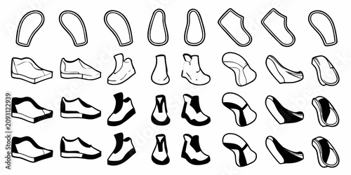 Photos diverse shoe and footwear icon set displayed in black and white line art sandal