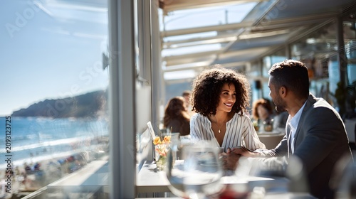 Smiling couple enjoying lunch at a seaside cafe, perfect for travel promotion, lifestyle advertising