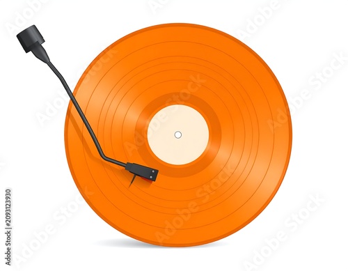 Overhead shot of a vibrant orange vinyl record on a white surface