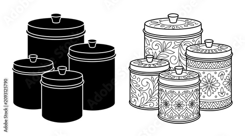 Принти на полотні Line art kitchen canisters decorative black and white illustration