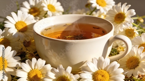 cup of tea with chamomile flowers