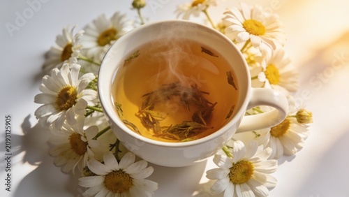 Chamomile Blossoms Surround Fresh Herbal Tea Cup.