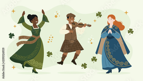Celebration of Irish culture with traditional dancers in green and blue dresses performing with a skilled violin player.