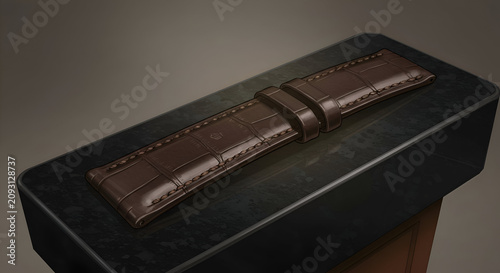 Brown alligator leather watch strap displayed on a dark stone surface. High-quality, detailed rendering of the strap, showcasing its texture and stitching.