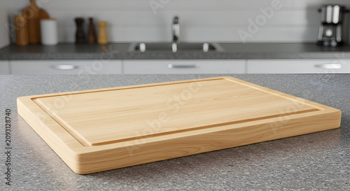 Light brown wooden cutting board on a gray granite countertop in a modern kitchen. Empty board resting on a kitchen surface with blurred kitchen appliances and cabinets in the background.