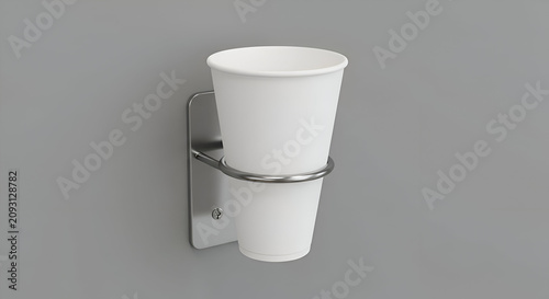 Empty white disposable coffee cup in a stainless steel wall mount holder. Neutral gray backdrop. Commercial coffee shop or cafe promotional design. Architectural rendering.