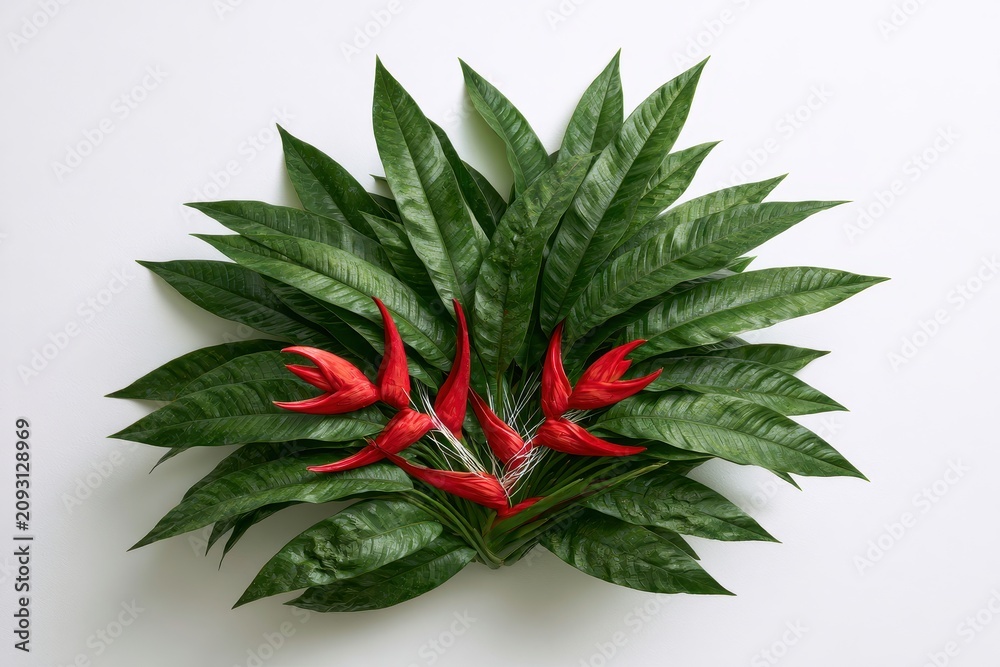 Fototapeta premium A beautiful arrangement of vibrant red heliconia flowers surrounded by lush green leaves isolated on white background