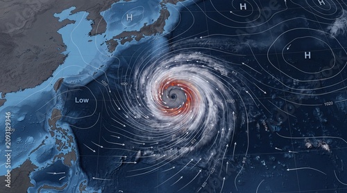 Powerful satellite view of a massive tropical cyclone over the western Pacific with dramatic spiral clouds, intense storm eye and weather isobars
