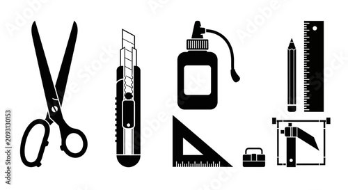 Office and crafting tools icons set with displays collection black white icons representing various office utility knife stationery briefcase