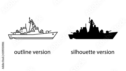 Tableau sur toile Warship Outline and Silhouette: A graphic representation showcasing a naval warship in both an outline and a solid silhouette form, highlighting its detailed structure and iconic shape