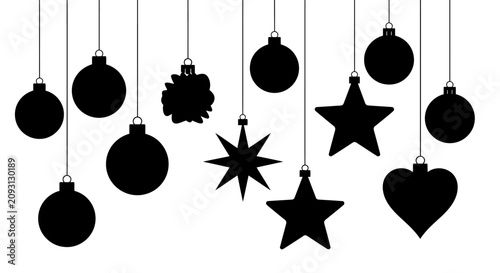 Photography Black christmas ornaments hanging on strings with ornaments including balls agai