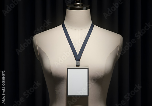 Empty ID badge on a mannequin in a dark room. Blank name tag attached to a light beige mannequin with navy blue lanyard.