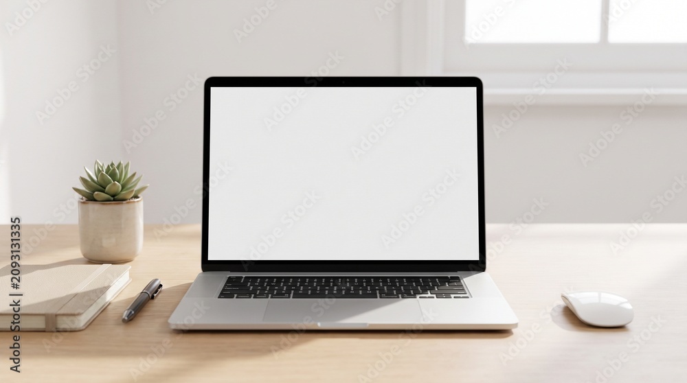 Fototapeta premium Modern Laptop with Blank Screen on Minimal Desk – Clean Workspace Mockup