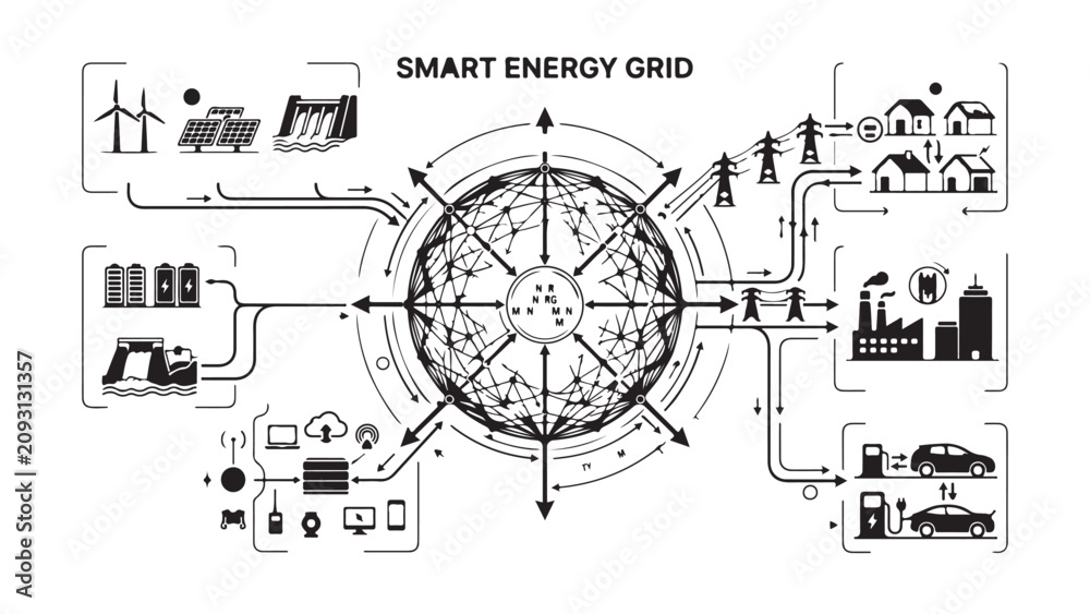 Obraz premium Smart Energy Grid Infographic with Renewable Sources and Electric Vehicles
