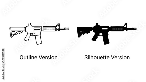 Foto Weapon Icons: Outline and silhouette versions of a modern assault rifle, representing a stylized depiction of firearms for informational or design purposes