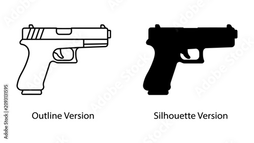 Fotografi Pistol Outline and Silhouette: Two clear representations of a handgun, one as a detailed line drawing and the other as a solid black silhouette, ideal for graphic design and informational purposes