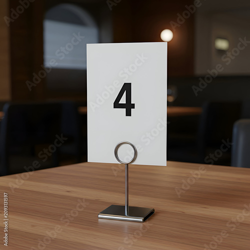 Tabletop number 4 display on light brown wood restaurant table. Empty, neutral, modern restaurant setting.