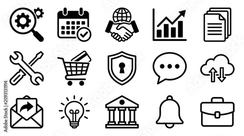 Fotografie Modern Black and White Line Icons Set Featuring Business Technology E Commerce a