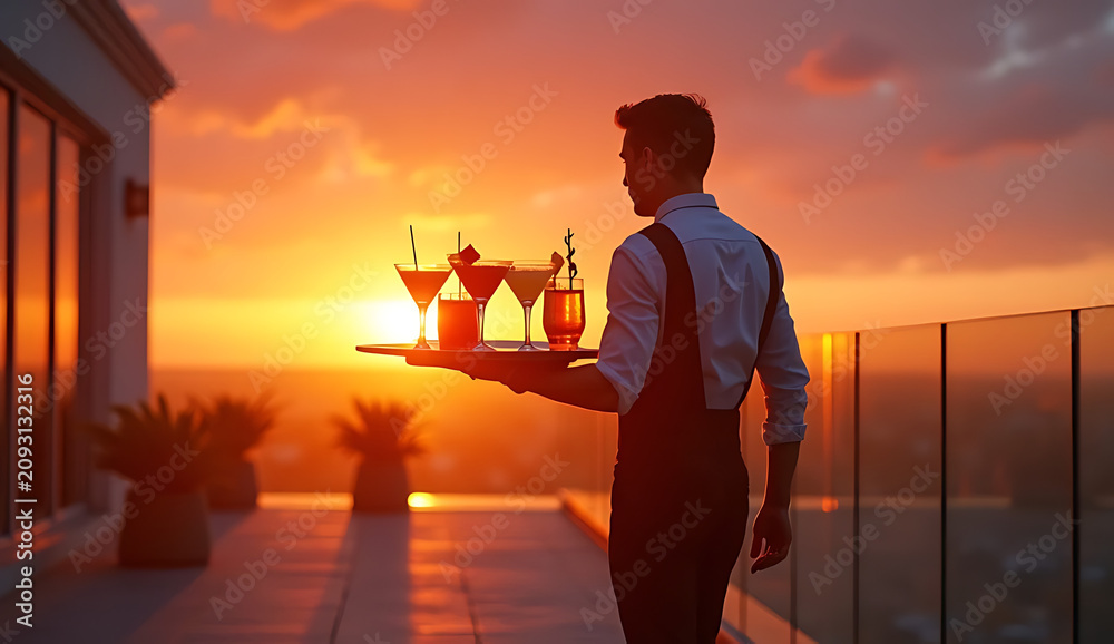 Fototapeta premium Waiter serving cocktails on a rooftop. Professional server carrying drinks. Luxury hospitality service.