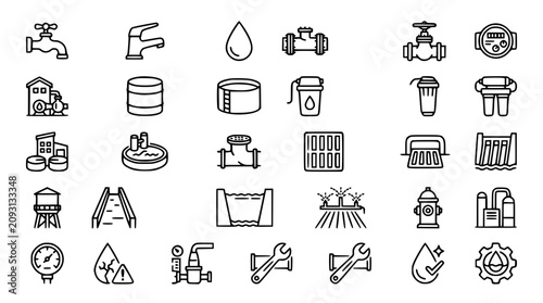 Water Infrastructure Editable Stroke Outline Icons Set with Filtration Dams Pipelines and Utility Symbols