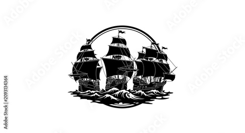 Konstfotografi Black and white illustration of three sailing ships with masts sails surrounded