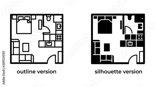 Foto Floor Plan Duo: Two contrasting floor plan layouts, one an outline and the other a silhouette, showcase a compact living space, highlighting interior design possibilities and spatial efficiency