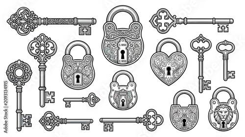 Vintage Locks and Keys Set - Antique Security Collection
