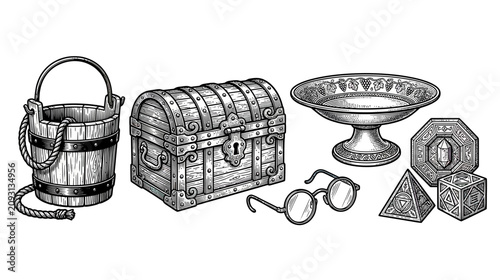 Cuadro en lienzo Vintage Treasure Chest, Bucket, Goblet, and Geometric Gems - Engraved Style