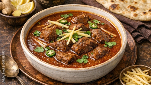Traditional Indian beef curry served with naan and chutney, a flavorful stew that is rich in spices and herbs.