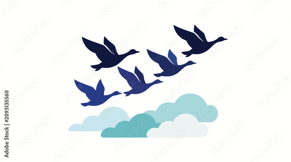 Obraz premium Flying Birds, Dark Blue Avian, Flock Formation, Cloudy Sky