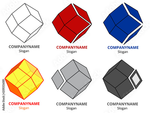 Fotografie Geometric rhombic dodecahedron logo templates set, abstract 3D crystal polyhedron icons with exploded pieces for tech and finance branding