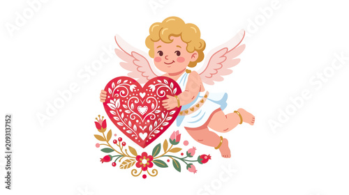 Картината върху платно Cute Cupid Holding Ornate Heart with Flowers - Valentine's Day Illustration