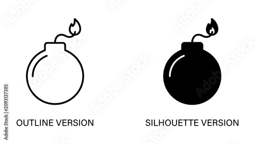 Quadro su tela Bomb Icon Outline and Silhouette: Two graphic representations of a bomb, one as a line drawing outline and the other as a solid black silhouette, both featuring a lit fuse with a flame