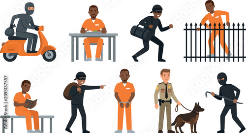 Fotografie Criminal Justice Vector Character Set with Burglar Thief Police Officer K9 Dog a